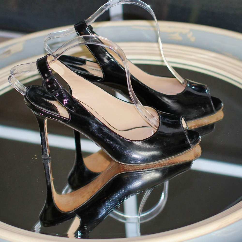 Manolo Blahnik Shiny Patent Peep Toe Slingback